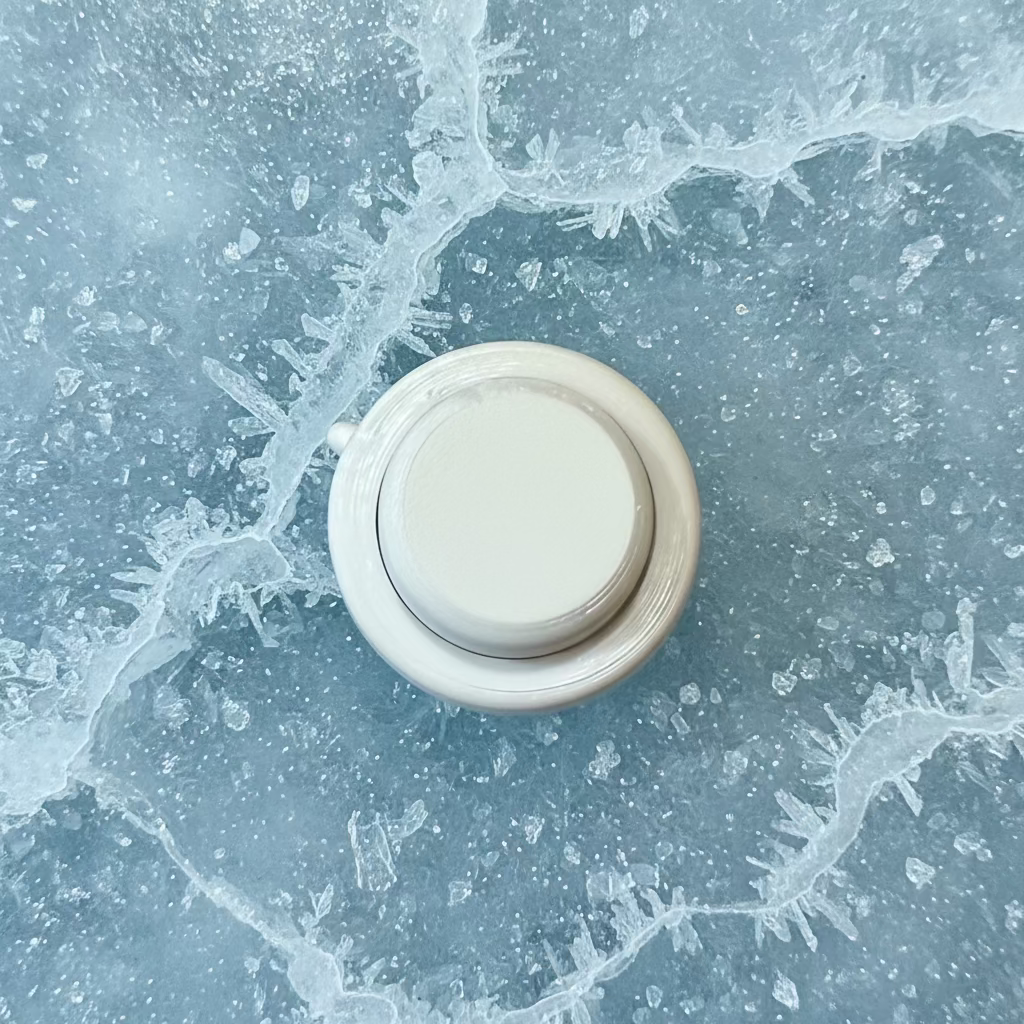 Close-up of Snappy Frost Bite Toy - Limited Edition Fidget Keychain in Classic style on cracked ice surface. Sleek white finish for tactile satisfaction.