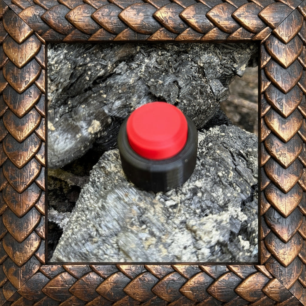 Snappy™ Dragon Eye - Fidget Keyboard Toy with red tactile button on black base, displayed on textured rock in a dragon-scale themed frame.